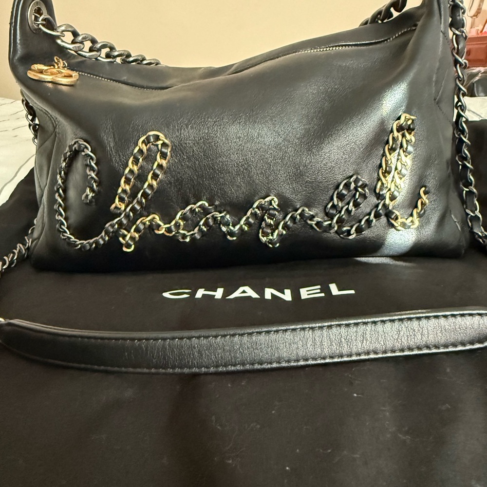 Chanel Black Leather Chain logo hobo style crossbody/ top handle bag mix metal